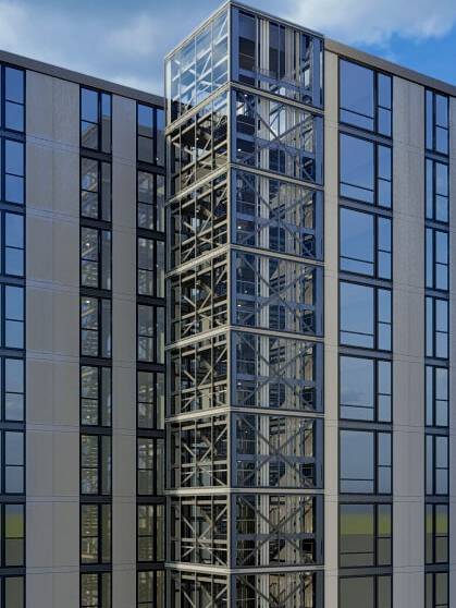 A 3d rendering of a tall building with glass windows.