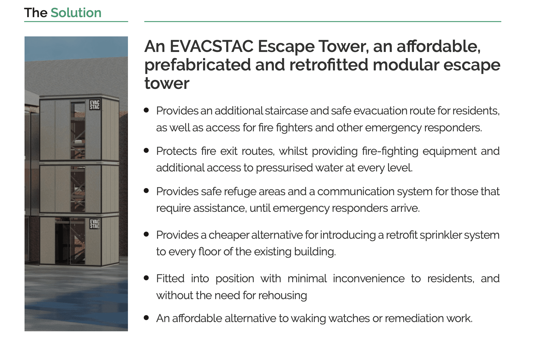 An evastic escape tower is an affordable, prefabricated, and re-engineered modular escape tower.