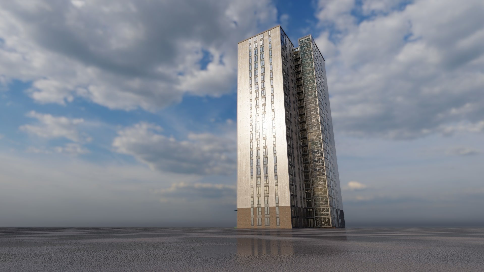 A 3d model of a tall building with a cloudy sky.