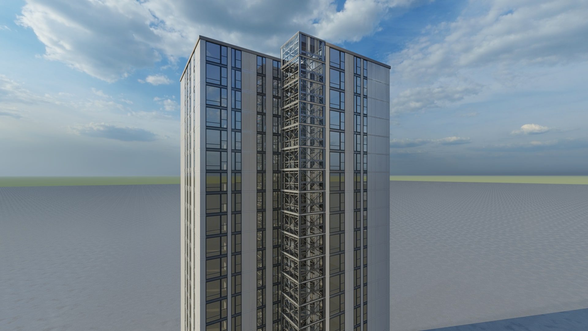 A 3d model of a tall building.