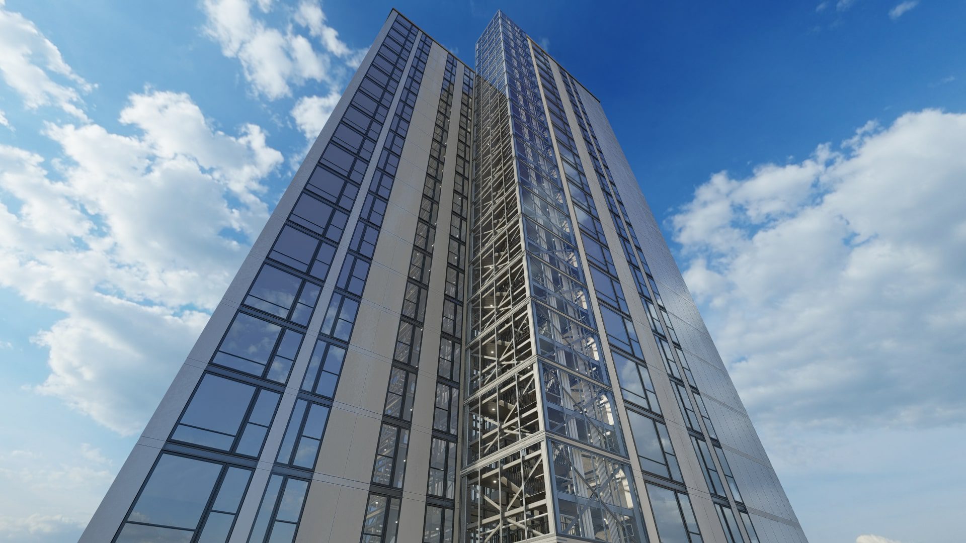 A 3d rendering of a tall glass building.