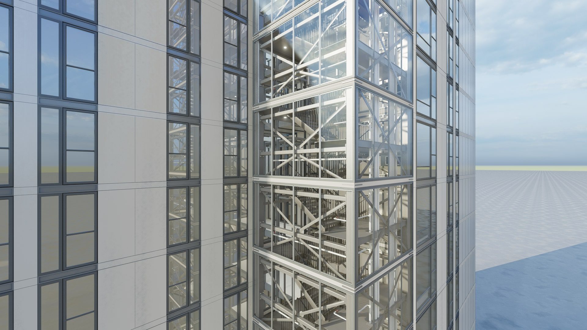 A 3d model of a tall building with a glass facade.