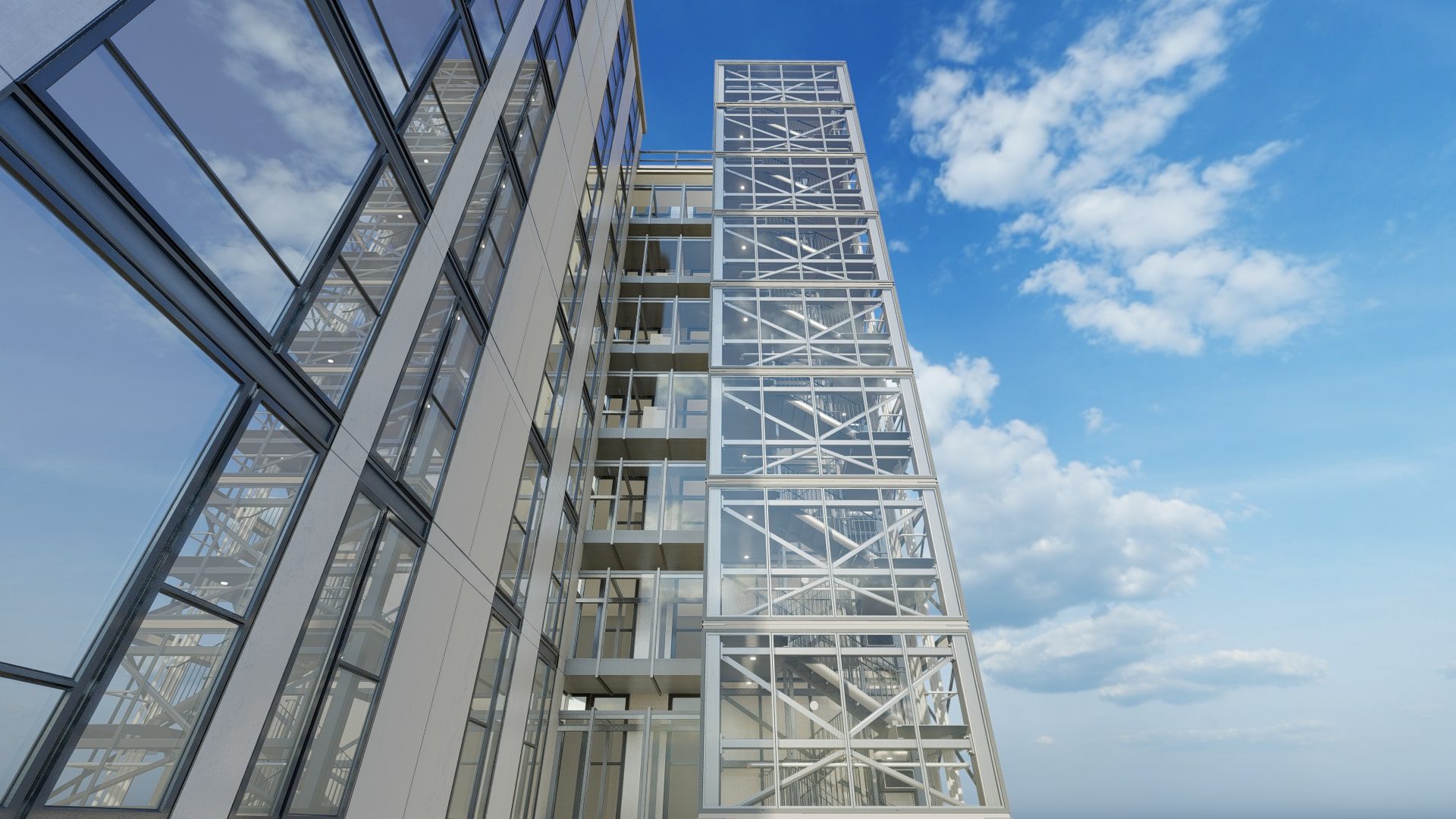 A 3d rendering of a tall building with glass windows.