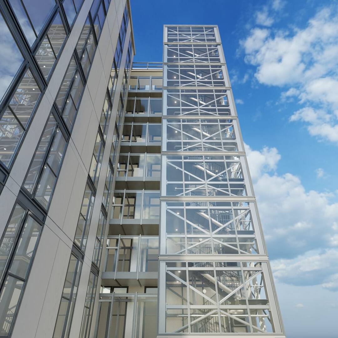 A 3d rendering of a tall building with glass windows.