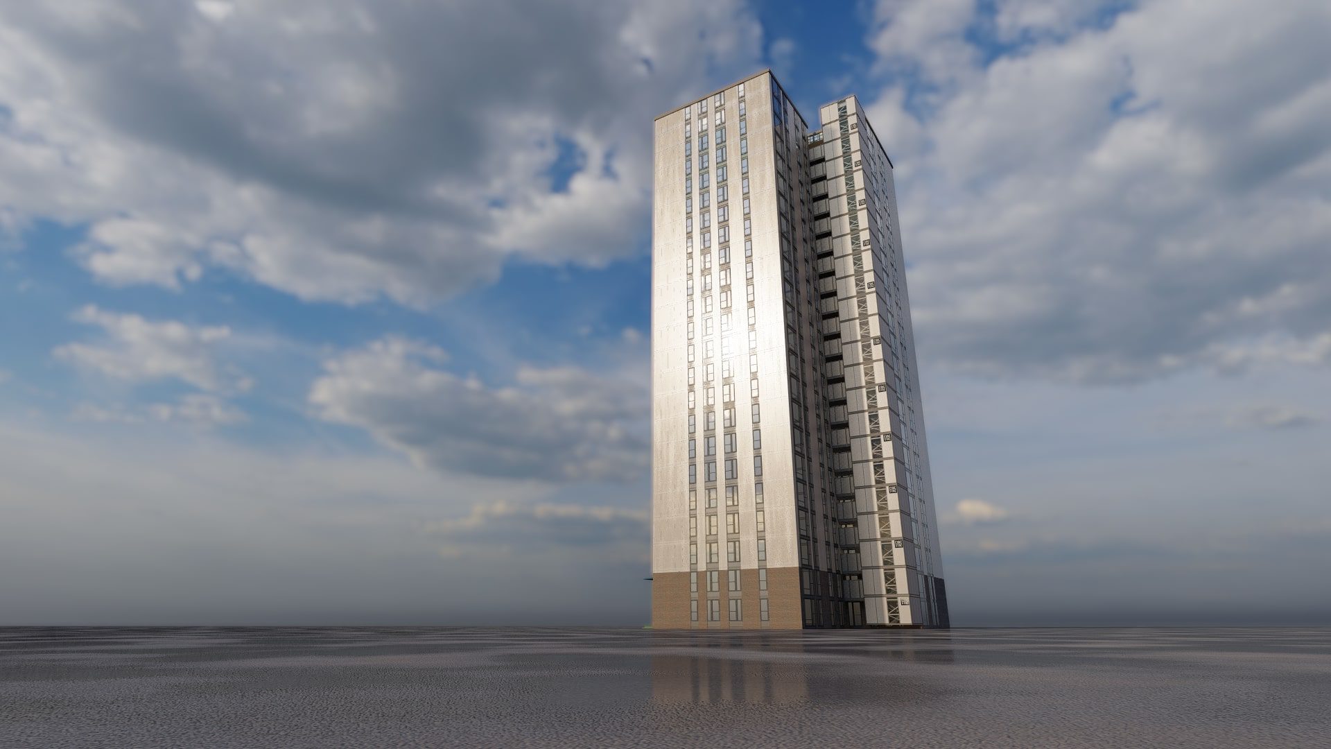 A 3d model of a tall building with a cloudy sky.