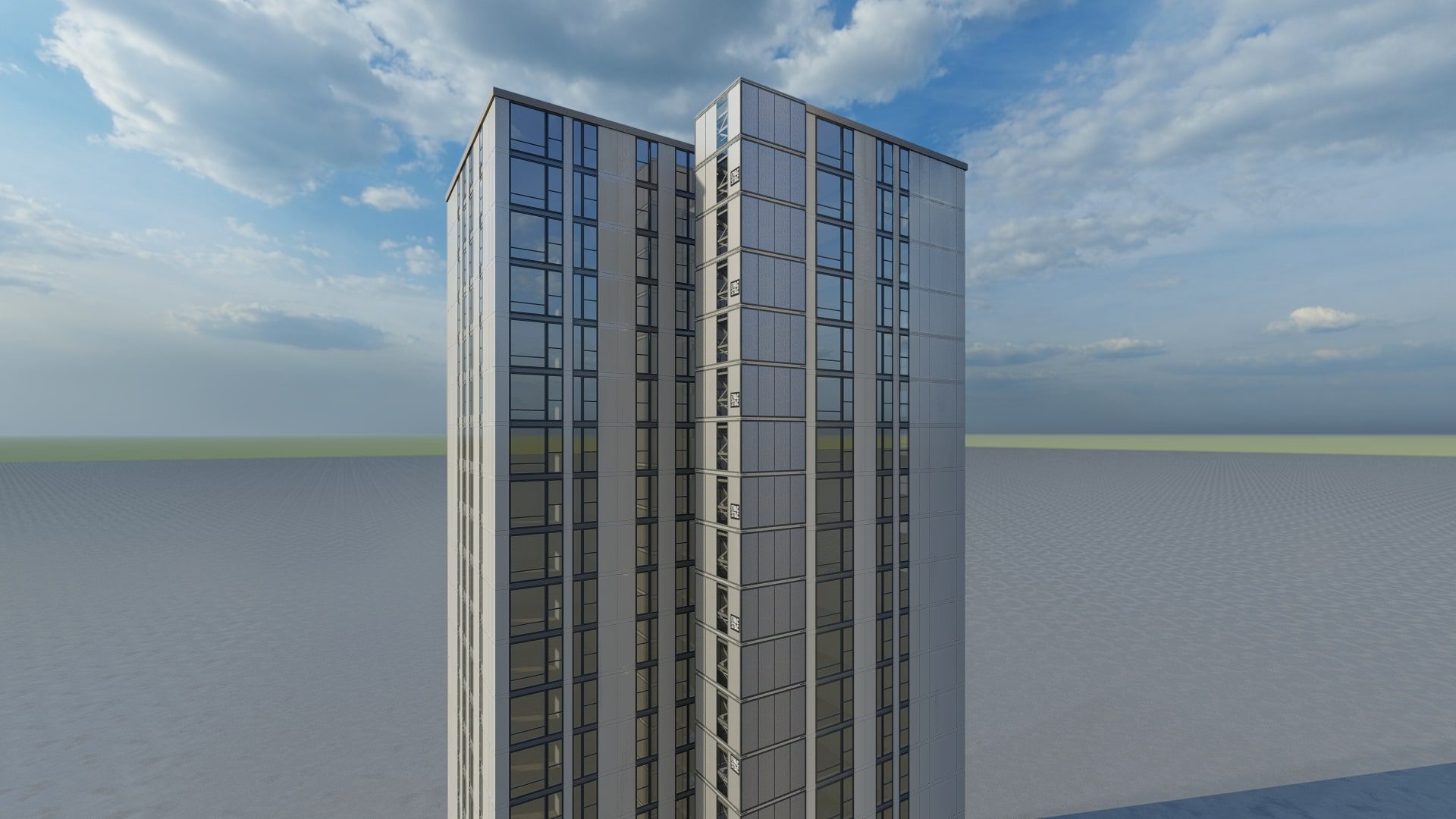 A 3d model of a tall building.