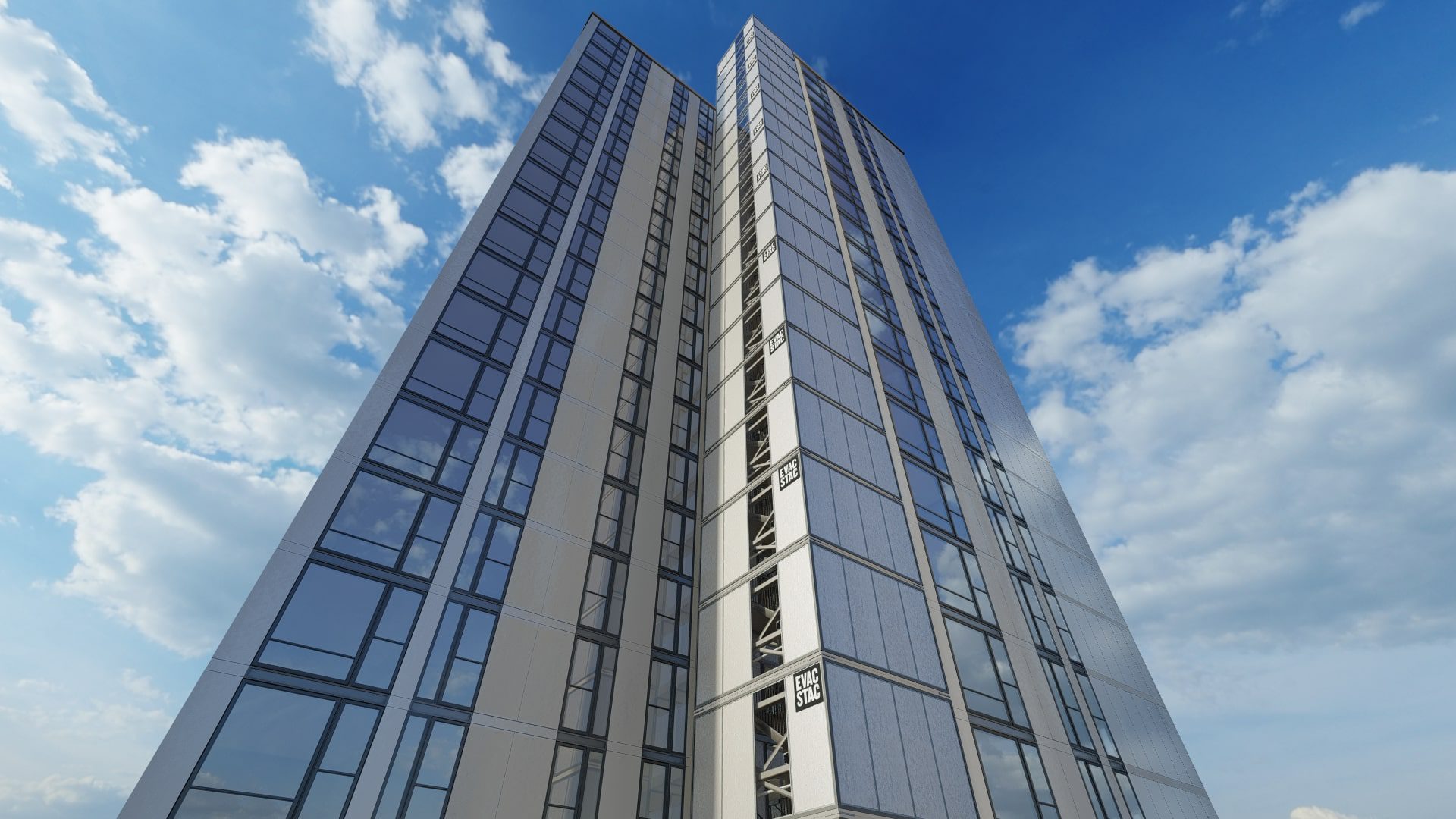 A 3d rendering of a tall building against a blue sky.