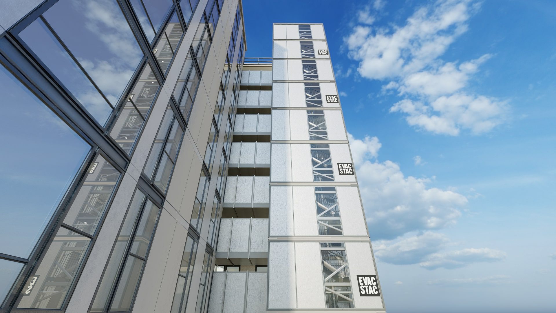 A 3d rendering of a tall building with windows.