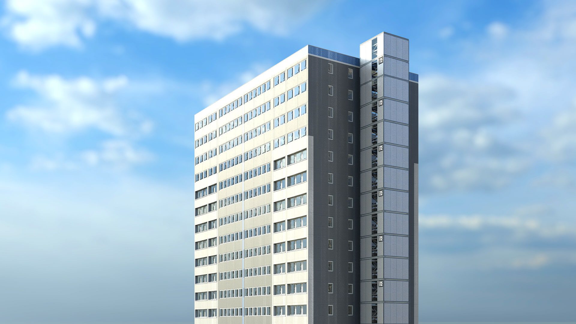 A 3d model of a tall building.