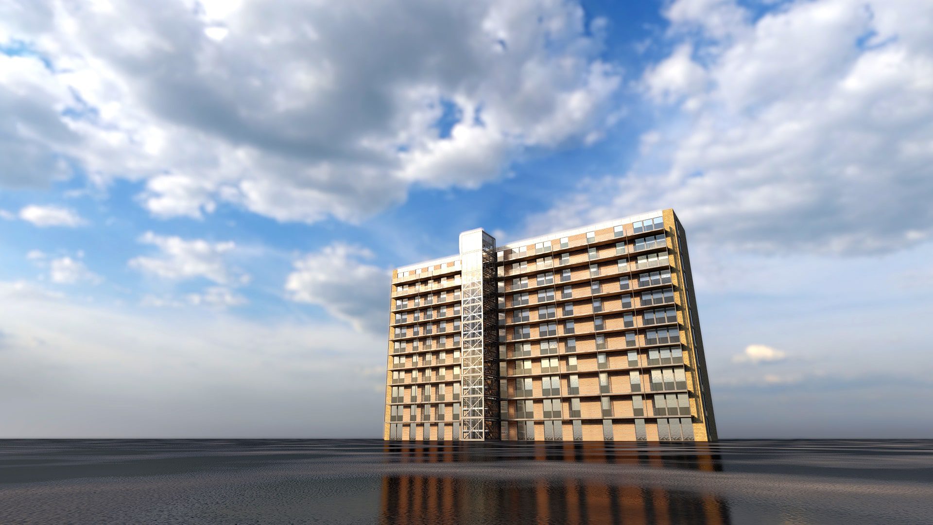 A 3d model of a building in the water.