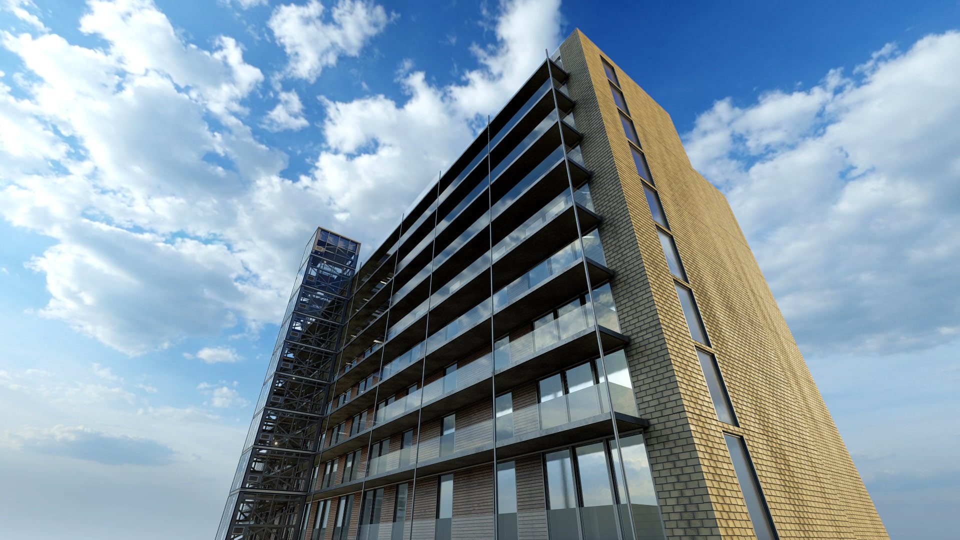 A 3d model of a building with balconies.