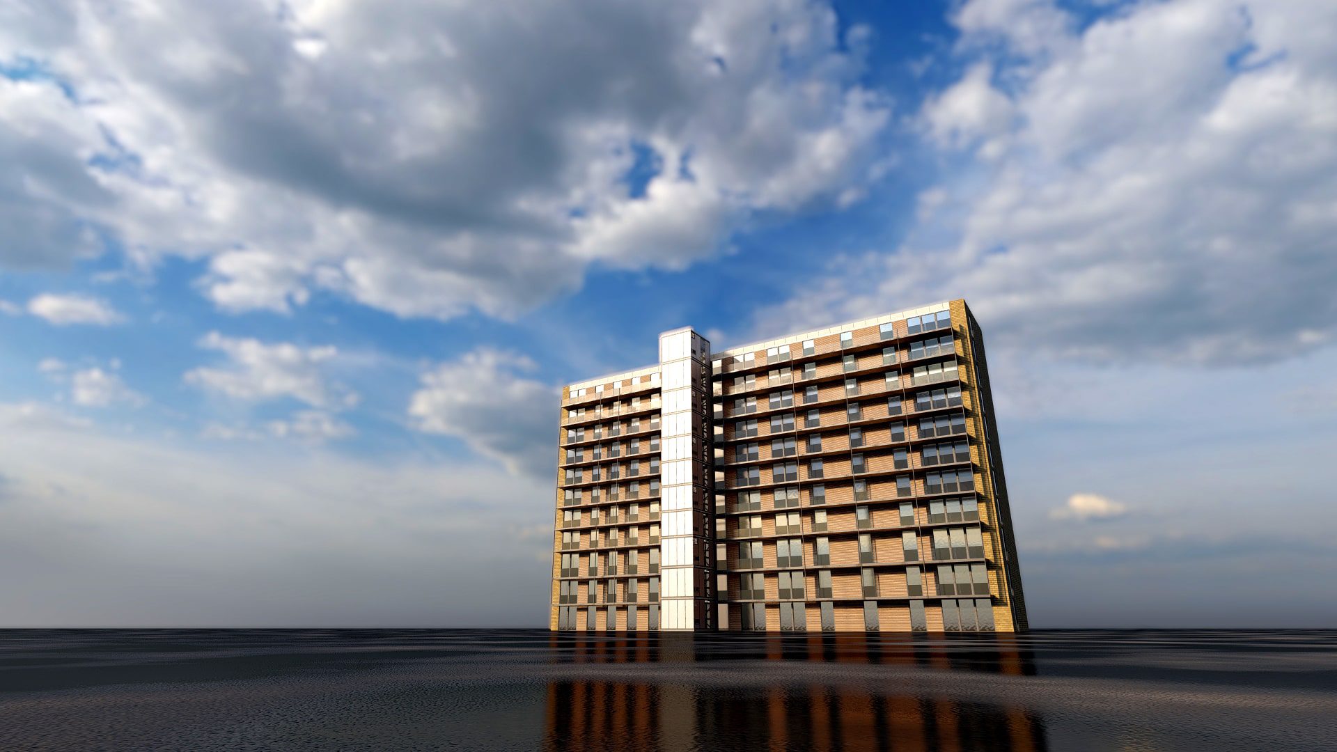 A 3d model of a building in the water.