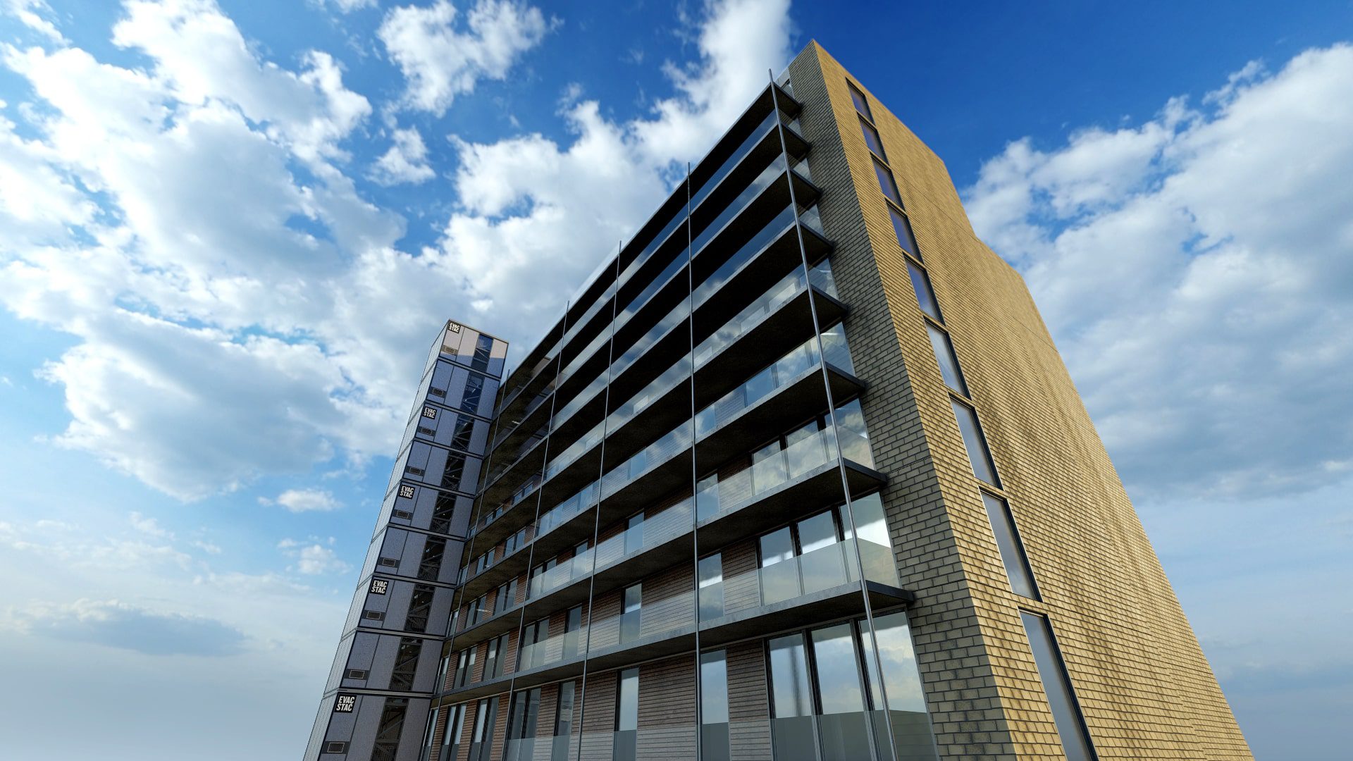 A 3d model of a building with balconies.