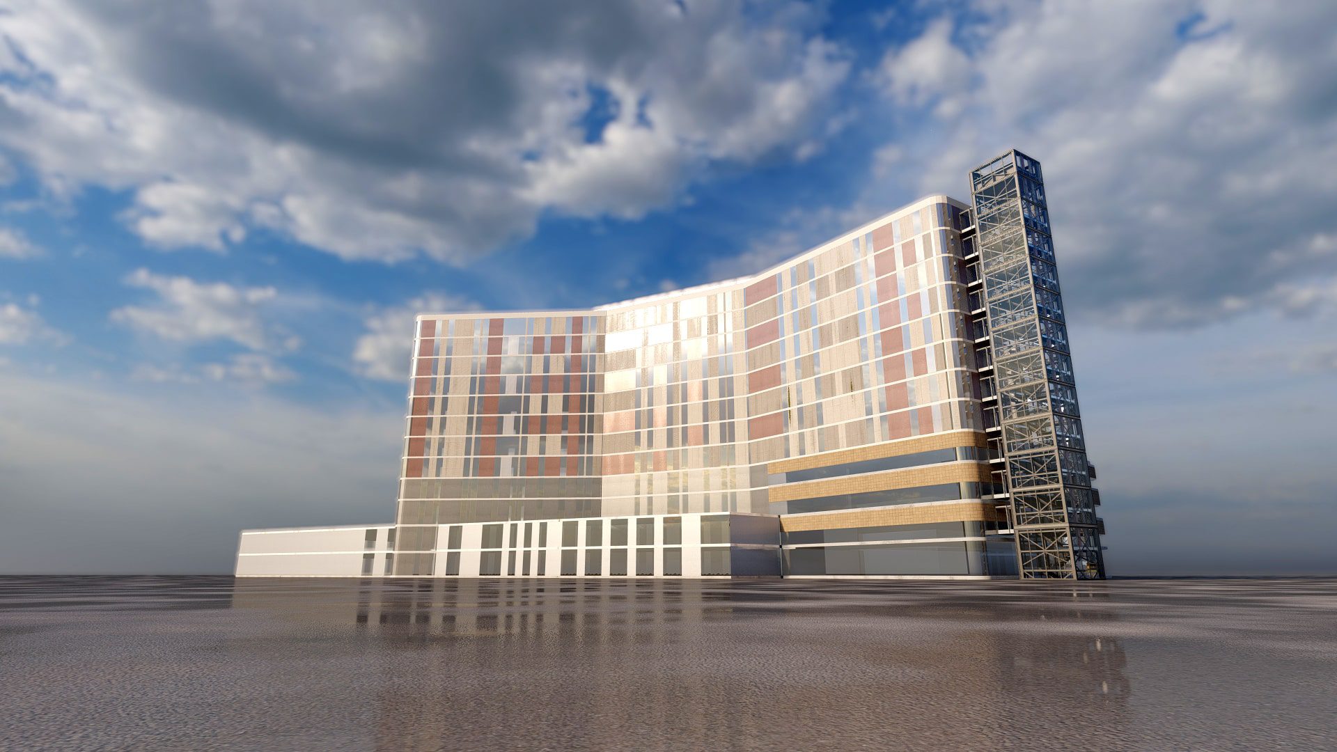 A 3d model of a building with a cloudy sky.