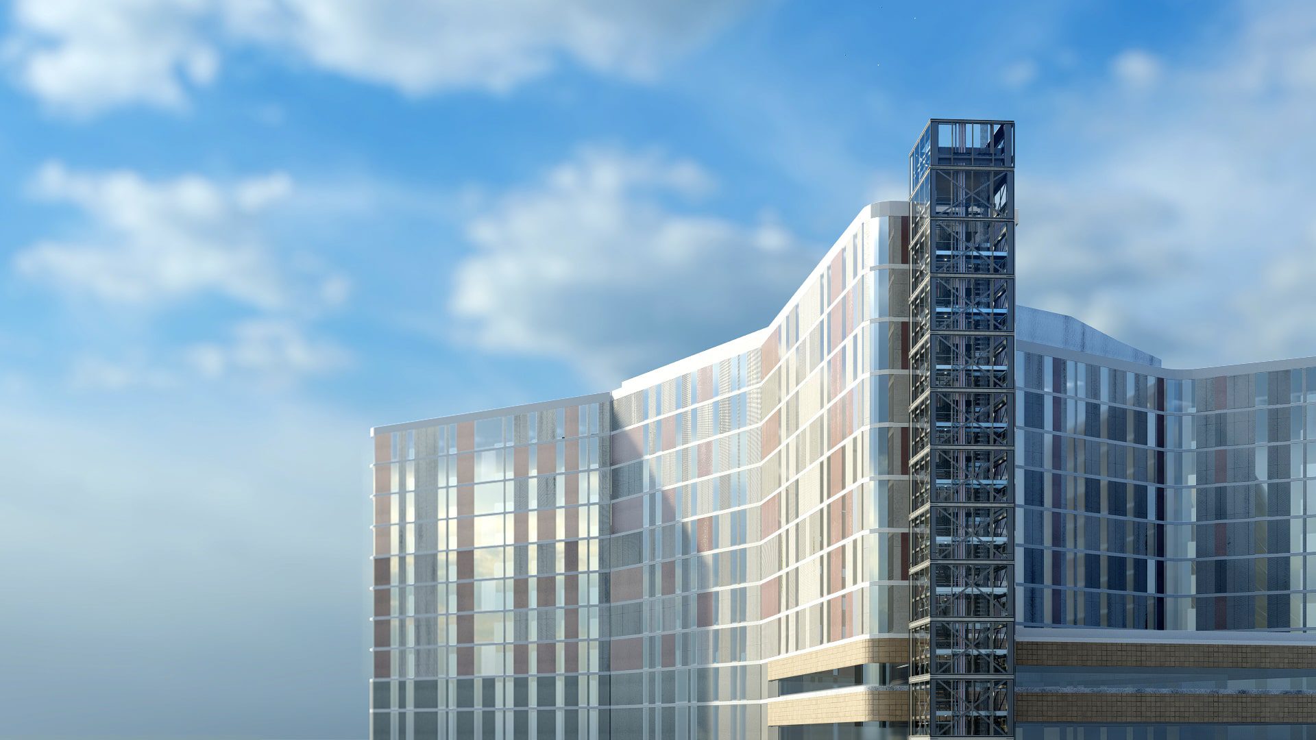 A 3d rendering of a large office building.