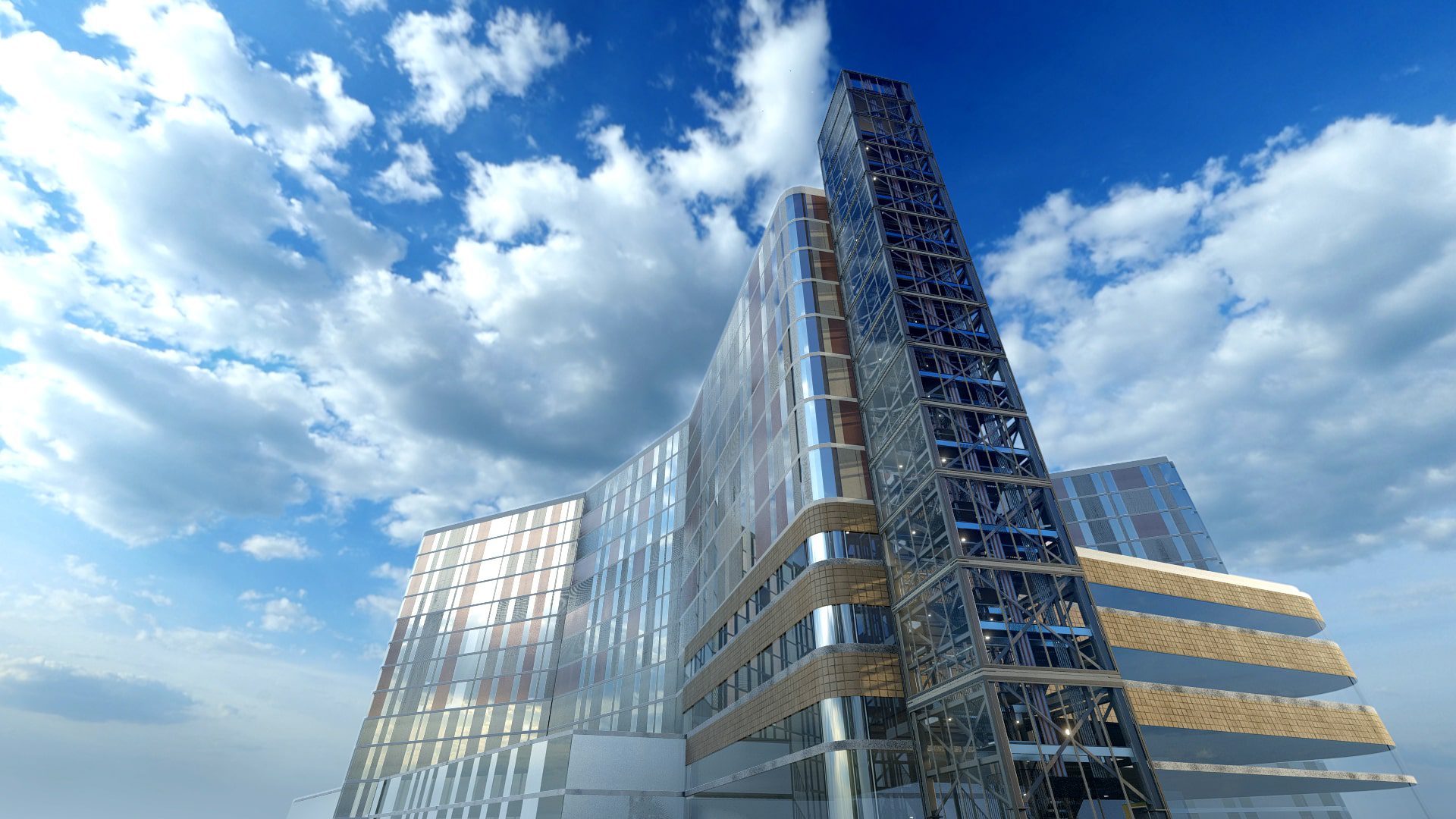 A 3d rendering of a building with sky and clouds.