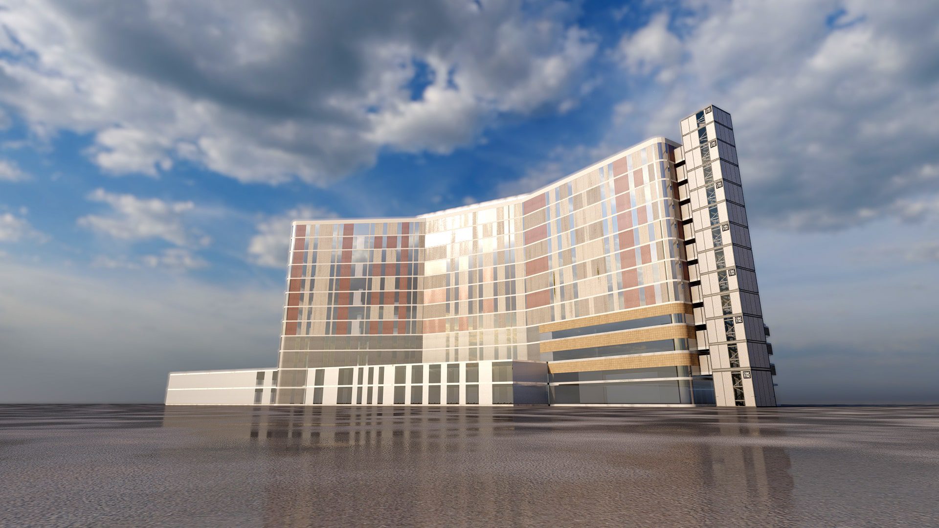 A 3d model of a building with a cloudy sky.