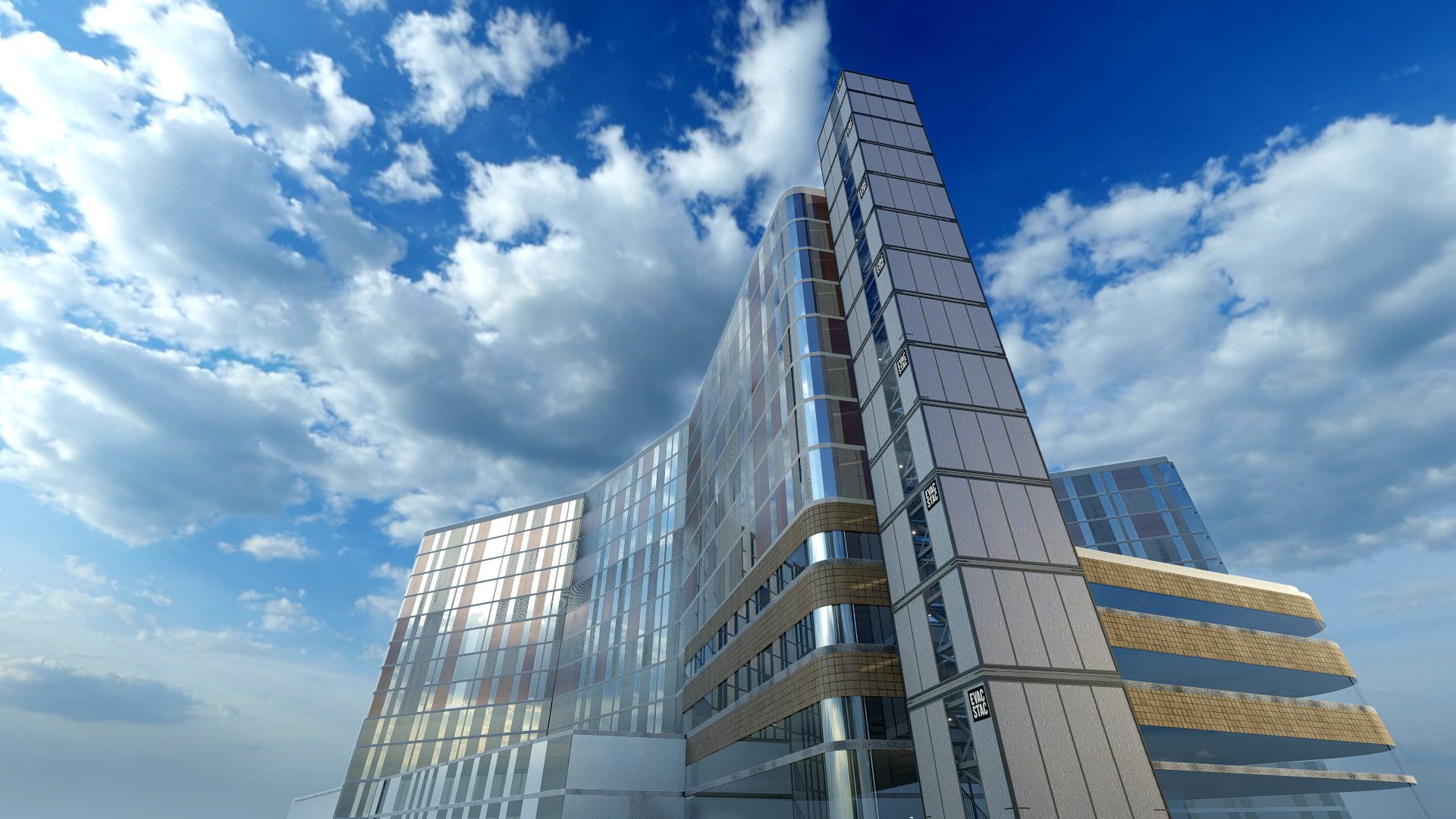 A 3d rendering of a building with a blue sky.