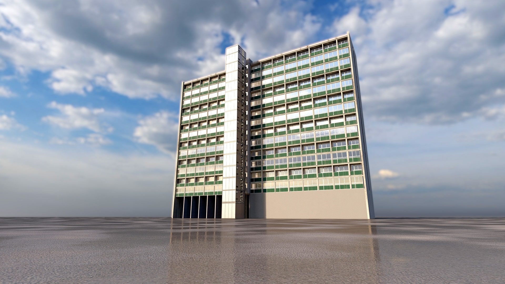 A 3d model of a tall building with a cloudy sky.