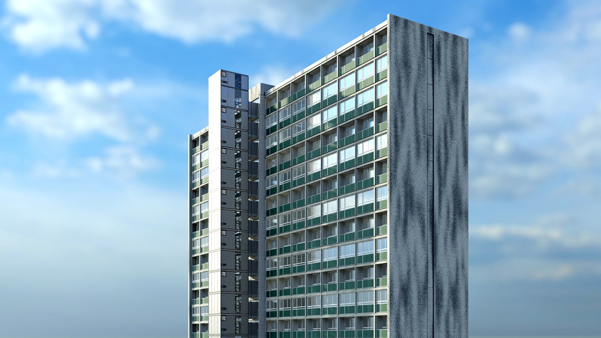 A 3d model of a tall building.