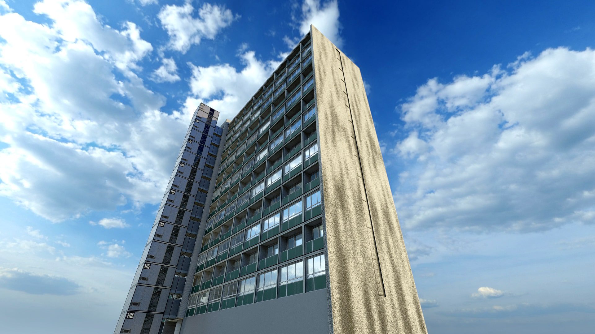 A 3d model of a tall building against a blue sky.