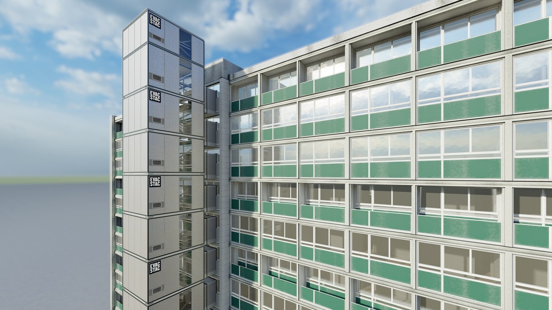 A 3d model of a building with green windows.