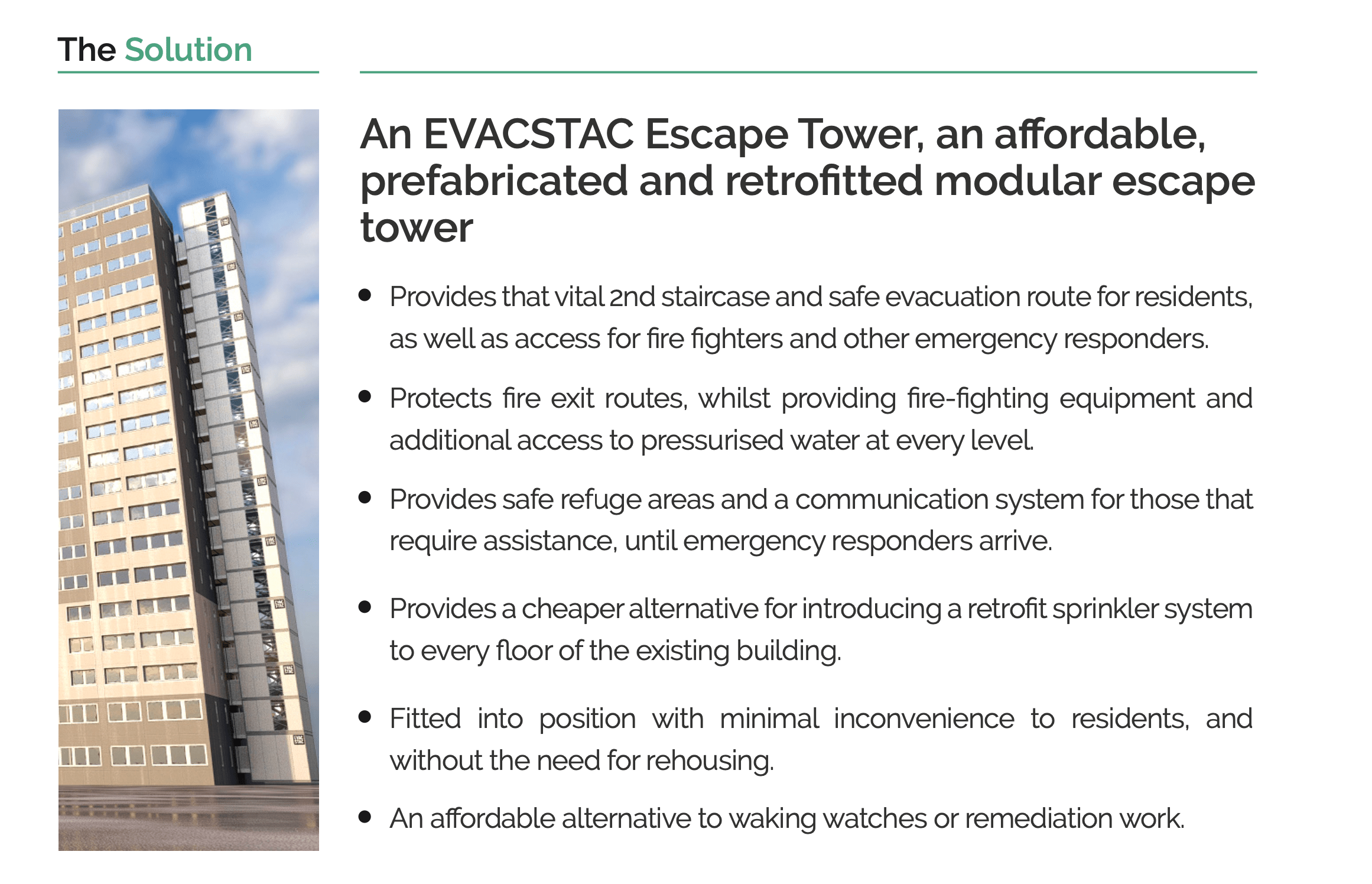 An evassion tower, an affordable, prefabricated, and re-engineered modular escape tower.