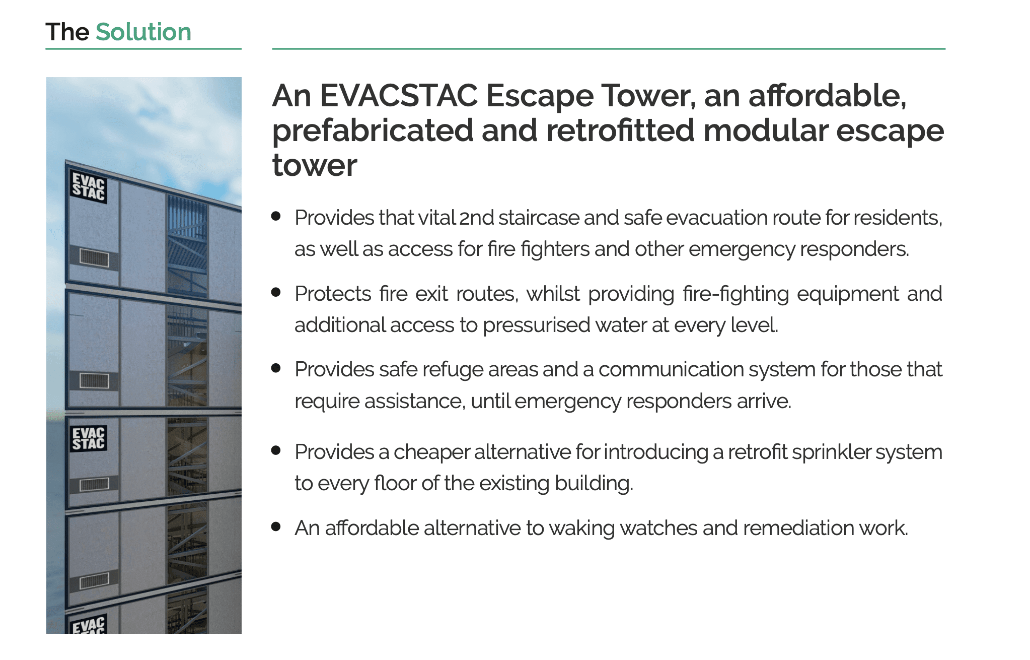 An evescape tower, an affordable, prefabricated, and re-engineered modular escape tower.