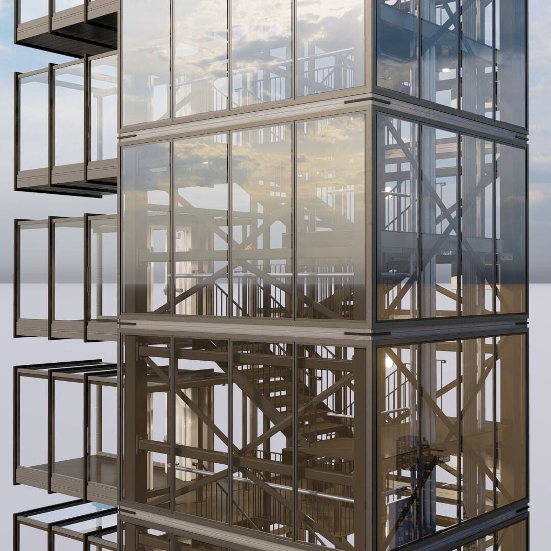 A 3d model of a tall building with glass windows.