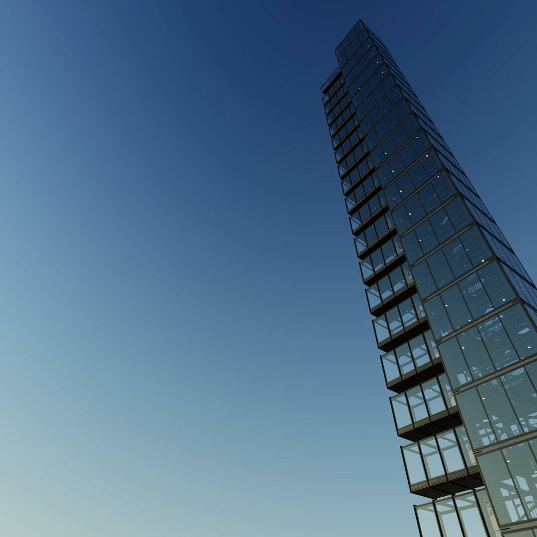 A 3d model of a tall glass building.