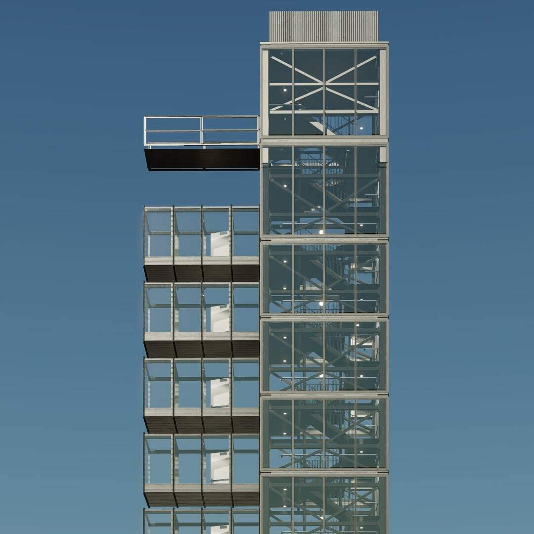 A 3d model of a tall building.