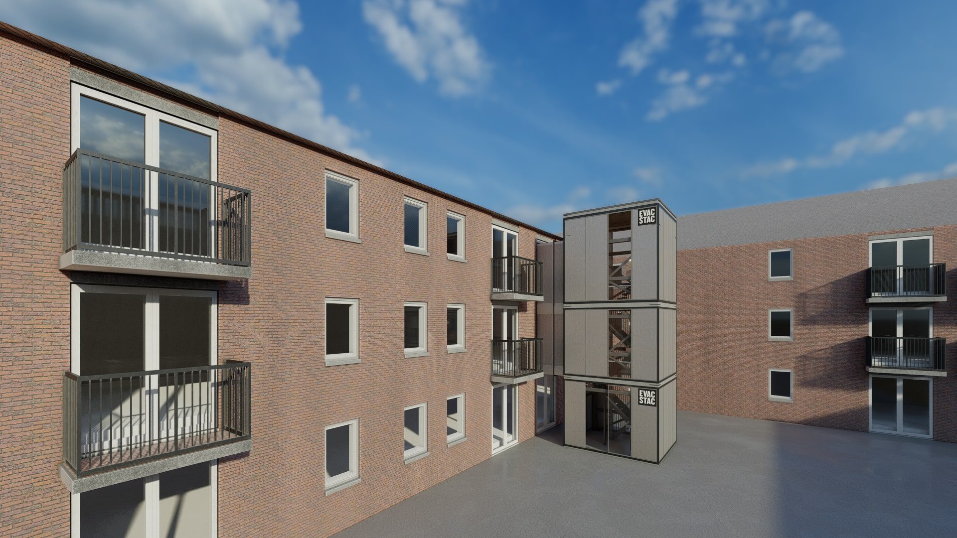 A rendering of an apartment building with balconies and balconies.