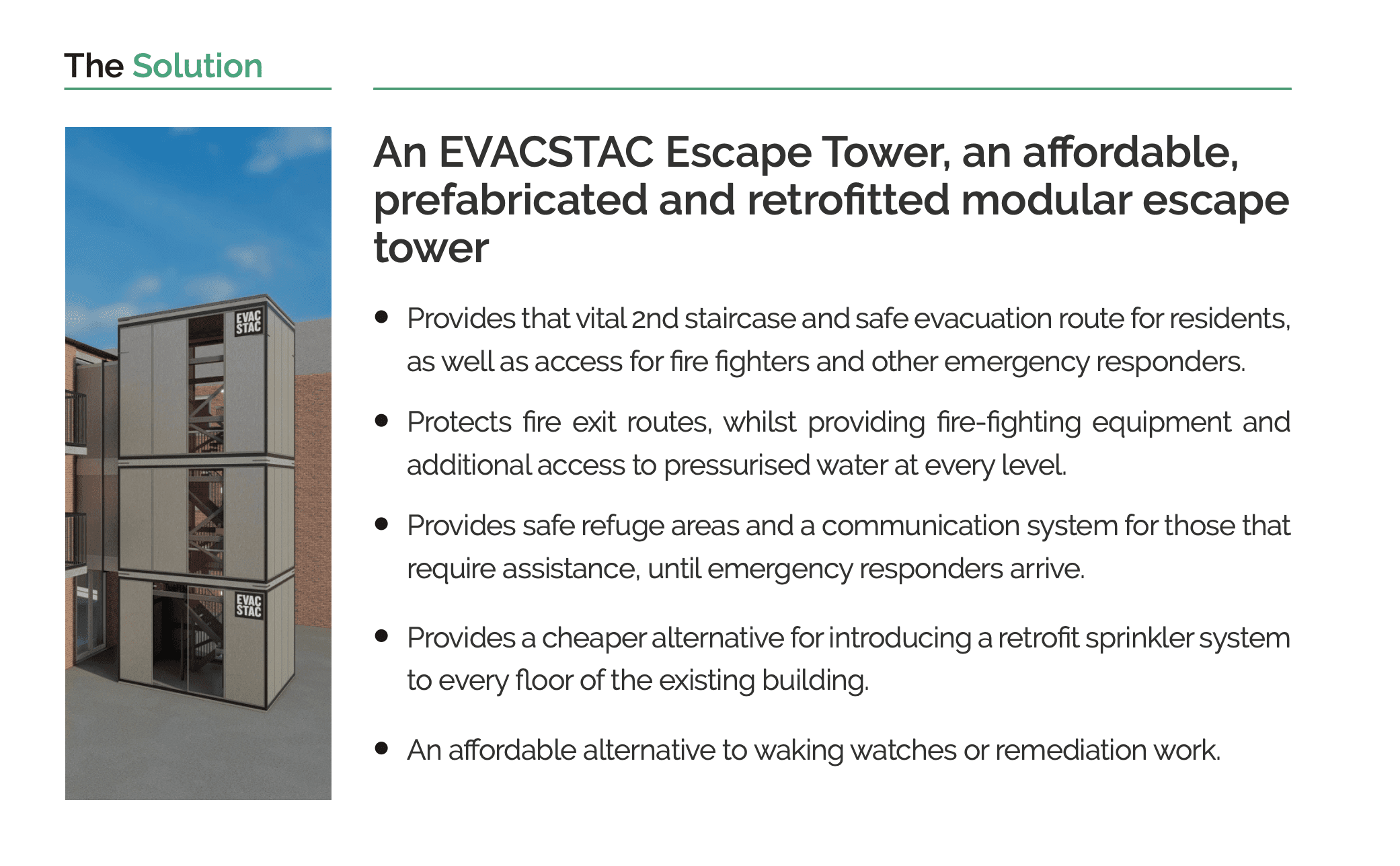 An advertisement for an affordable, prefabricated and restructured modular escape tower.