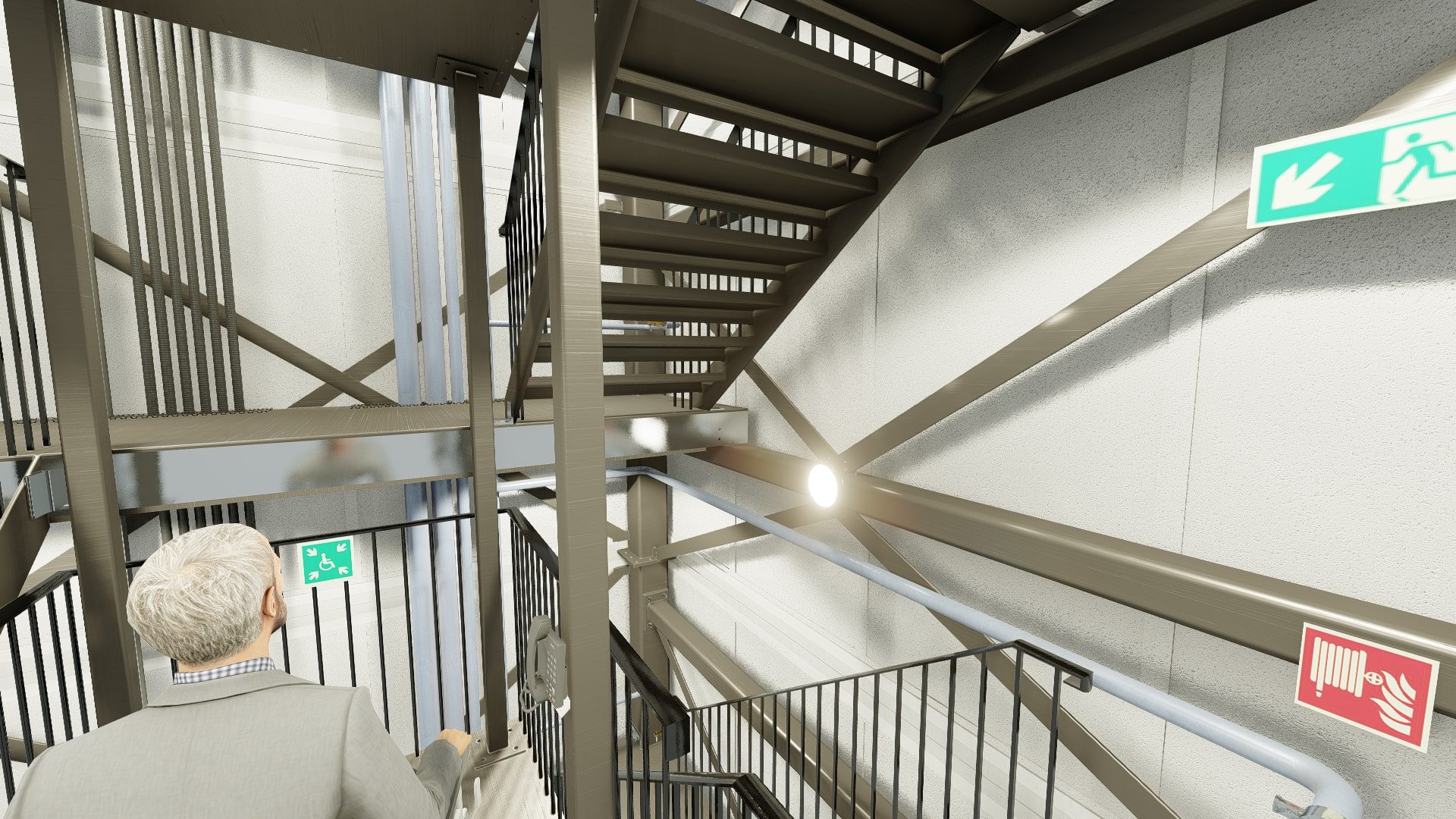 A man is standing on a stairway with an exit sign.