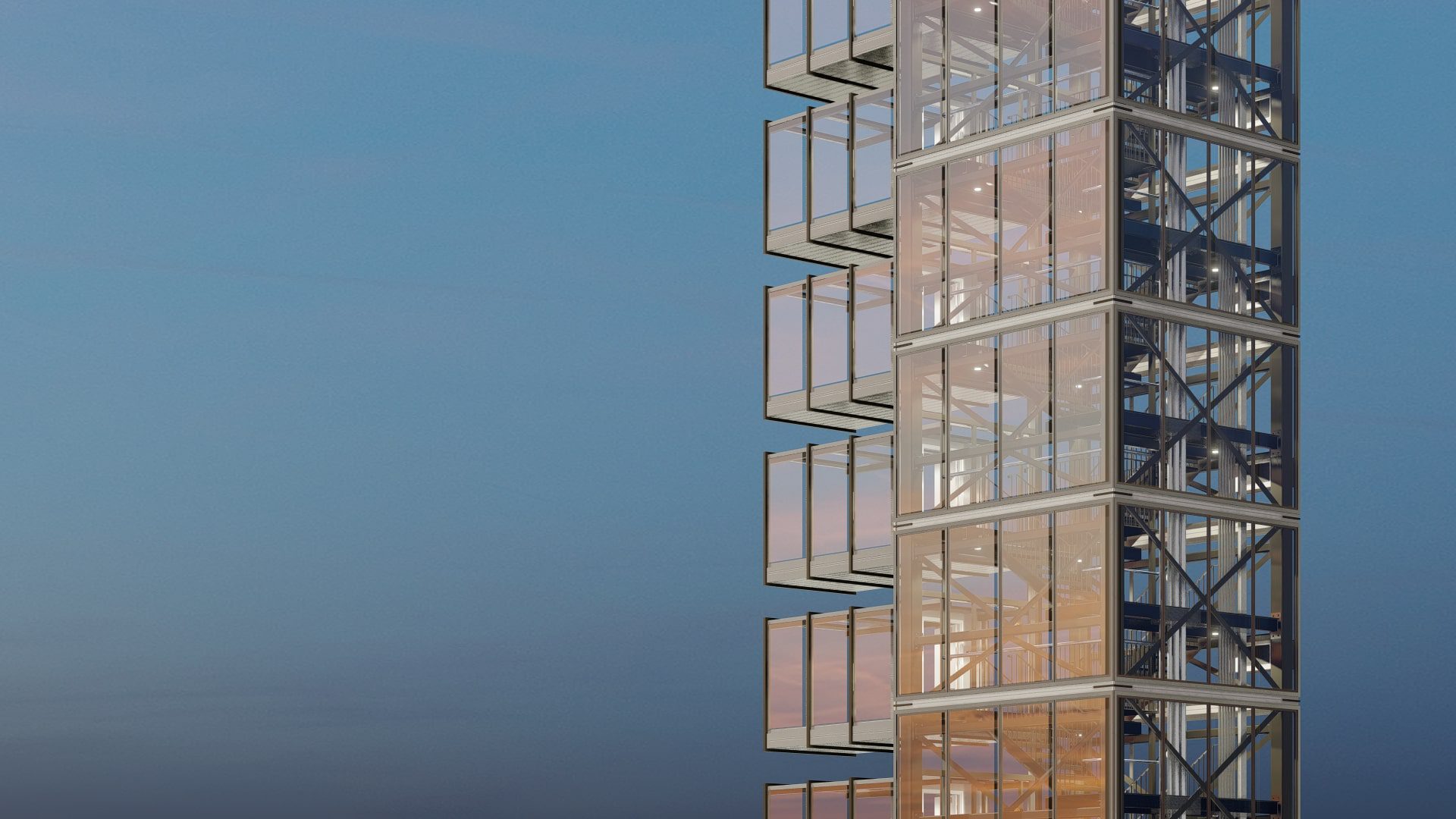 A tall glass tower with a clock on top.