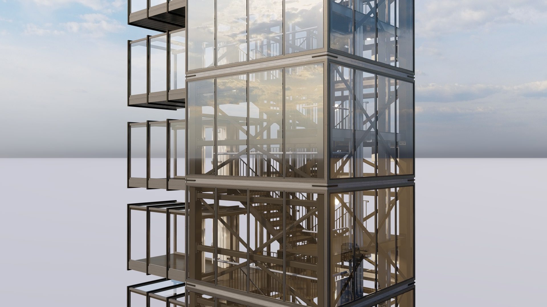 A 3d model of a tall building with glass windows.